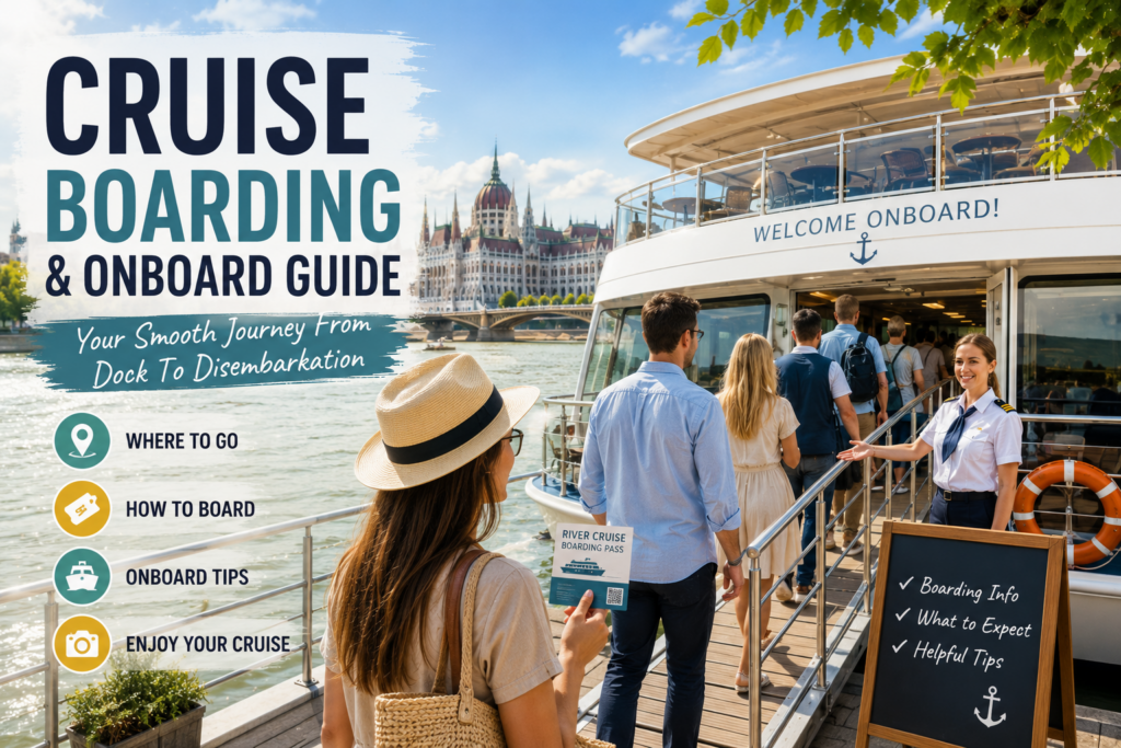 Budapest River Cruise Boarding and Onboard Guide showing passengers boarding a Danube cruise in Budapest